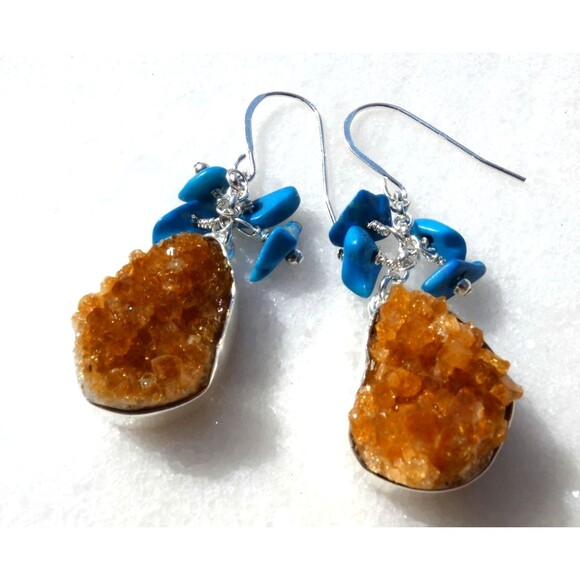 Natural Rough Citrine Turquoise Sterling Silver Dangle Earrings Healing Jewelry - Picture 7 of 8
